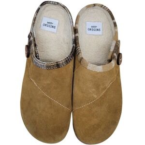 Earth Origins Suede Clog Slippers Mules Tan Brown‎ Plaid Trim NO SIZE TAG
 H325